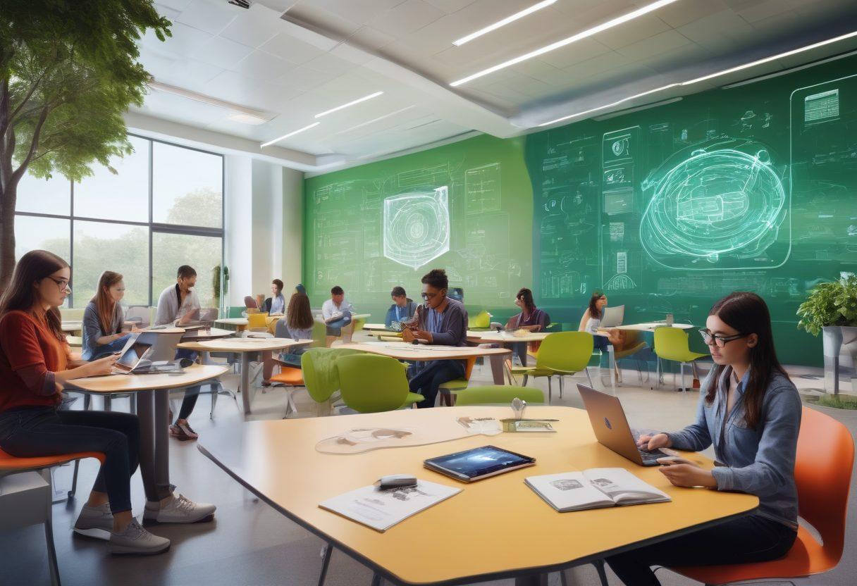 A vibrant campus scene depicting diverse students engaging with advanced IT services, such as augmented reality textbooks and interactive learning pods. Include elements like smart devices, high-speed Wi-Fi symbols, and lush green spaces to illustrate connectivity and collaboration. The background should feature a modern university building with a tech-forward design. super-realistic. vibrant colors. 3D.