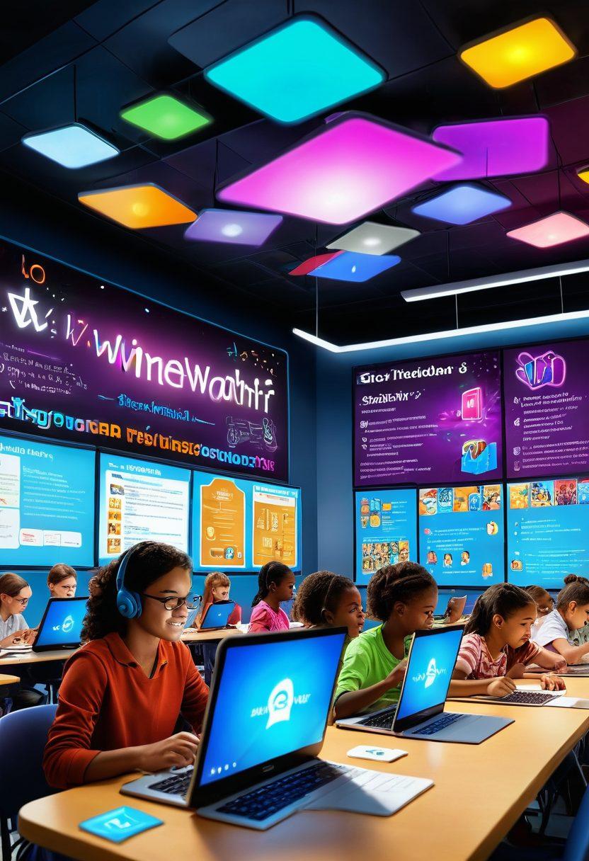 A vibrant classroom scene showcasing diverse students engaged with various wireless technologies, such as tablets and laptops, connected by glowing Wi-Fi signals. The walls are adorned with innovation-themed posters, and a teacher is guiding students in using technology for learning. The atmosphere is lively, with bright colors and an uplifting vibe. super-realistic. vibrant colors. dynamic composition.