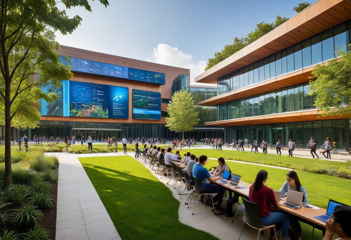 A vibrant university campus scene showcasing diverse students engaged in collaborative learning, with advanced network infrastructure visible such as sleek Wi-Fi towers and digital screens displaying IT services. In the background, a modern lecture hall with tech-savvy equipment, surrounded by green spaces and futuristic architecture. The atmosphere is energetic and inclusive, reflecting the power of technology in education. super-realistic. vibrant colors. dynamic composition.